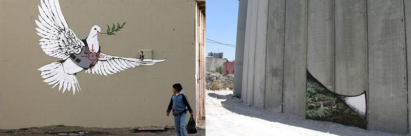 Auf einer Wand ist das Bild einer weißen Friedenstaube gesprüht. Diese Taube trägt eine schusssichere Weste. 
                    Außerdem wird mit einer Waffe auf sie gezielt. Daneben sieht man einen Teil der israelischen Sperranlagen (Mauer), auf welchem ein Streetartwerk gesprüht ist. 
                    Es sieht so aus, als würd sich ein Teil der Mauer wie ein Blatt Papier lösen. Dahinter kommt eine verborgene Welt zum Vorschein.